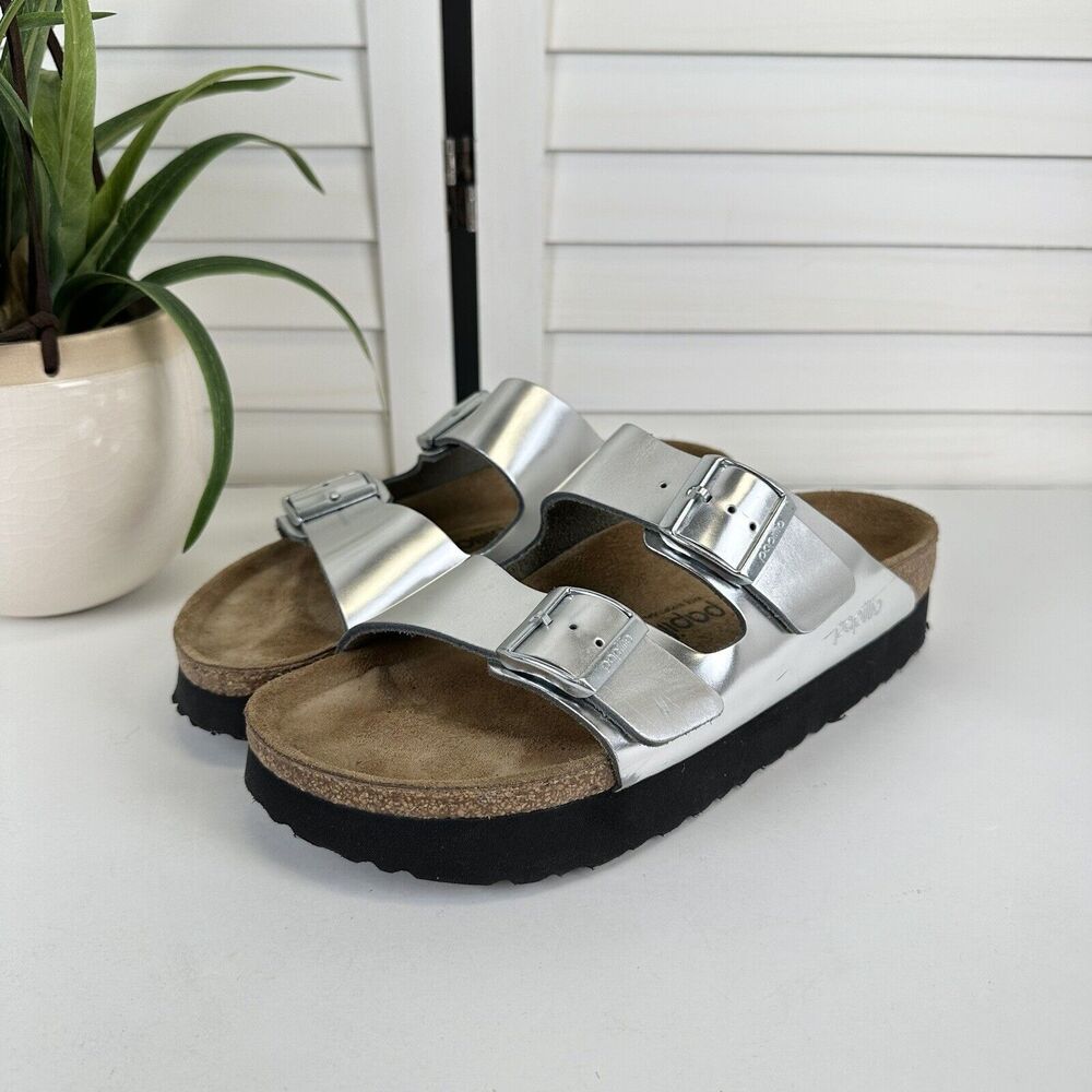 Birkenstock Papillio Silver Arizona Platform Sandals Slip On Shoes EU 41 L10 M8
